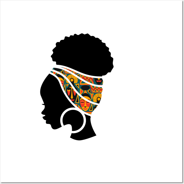 Afro Hair Woman with African Pattern Headwrap Wall Art by dukito